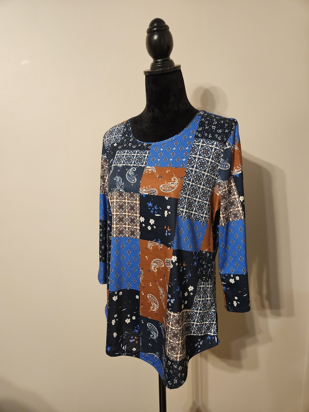 Allison Daley Retro Plaid Patchwork Asymmetrical Top Blouse 3/4 sleeve round nec